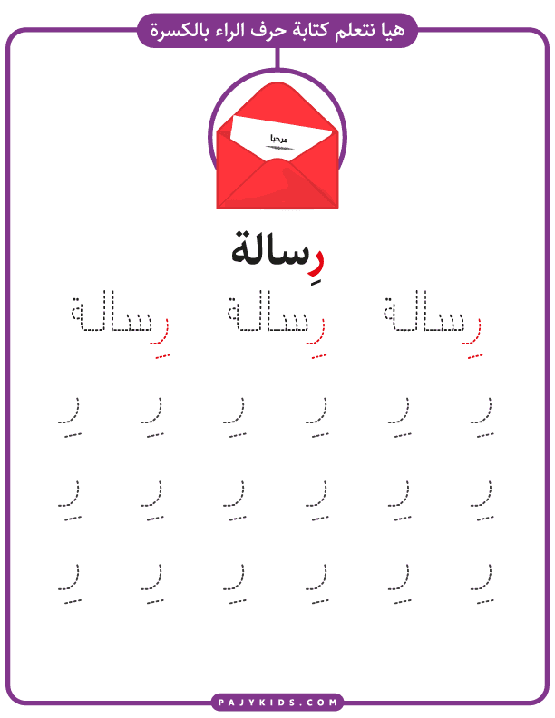 أحرف العربية - ورقة كتابة حرف الراء بالحركات - حركة الكسرة