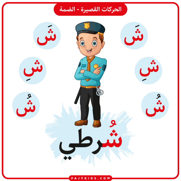 تعليم الحروف العربية للاطفال - بطاقة حرف الشين بالحركات - حركة الضمة