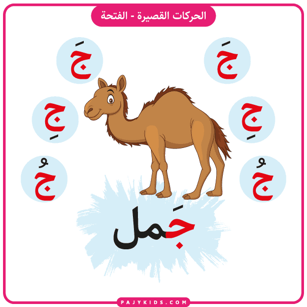 Flashcard: Arabic Letter Jeem with Fatḥa – Word "Jamal" (Camel)