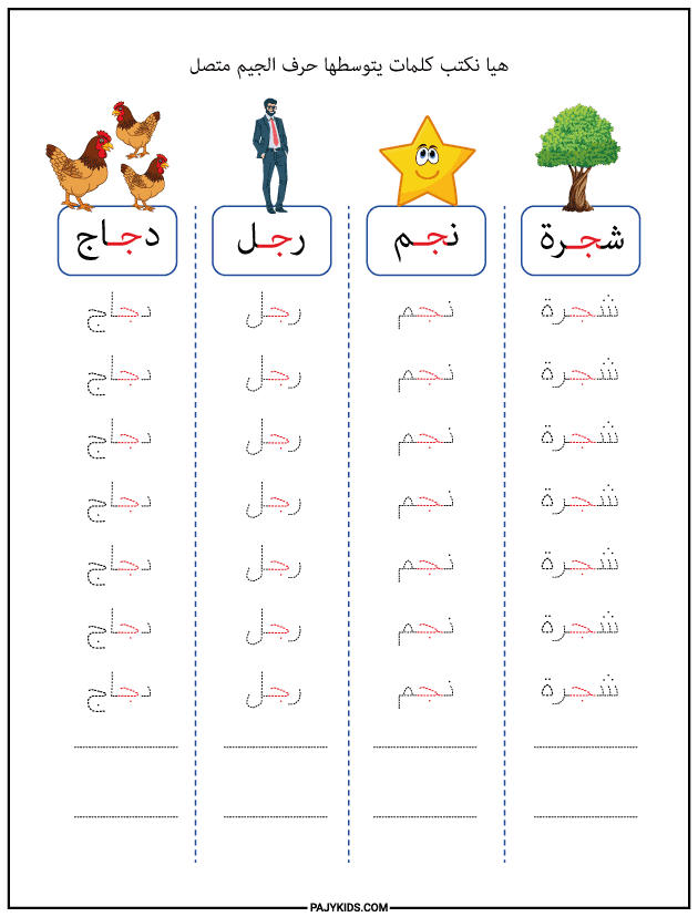 شكل حرف الجيم في وسط الكلمة