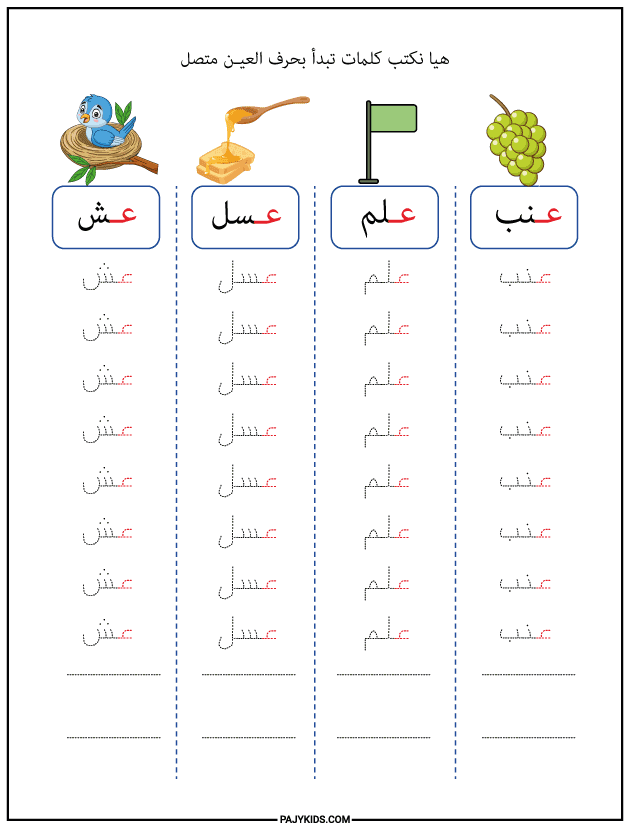 شكل حرف العين في أول الكلمة