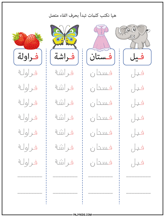 شكل حرف الفاء في أول الكلمة