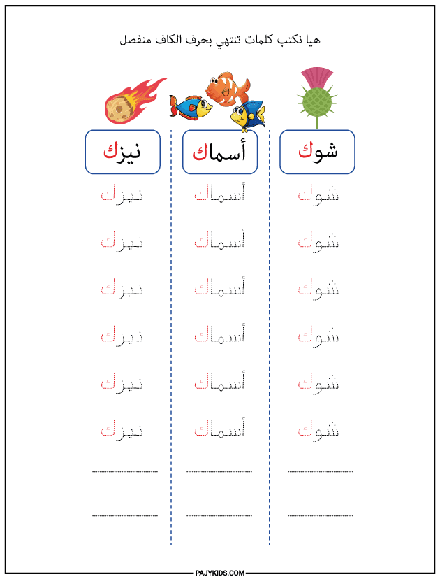 شكل حرف الكاف في آخر الكلمة منفصلًا