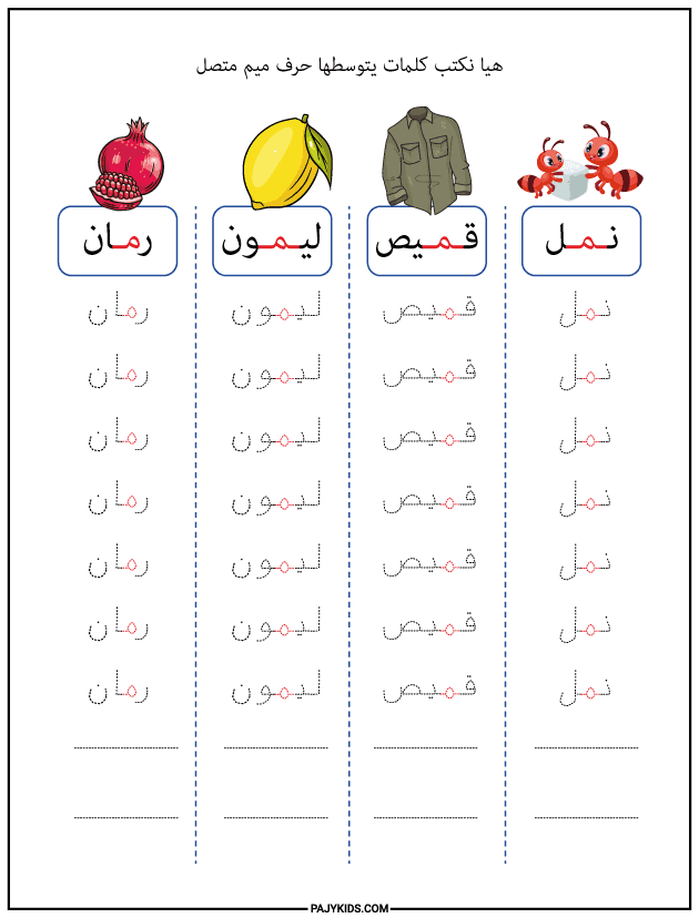 شكل حرف الميم في وسط الكلمة