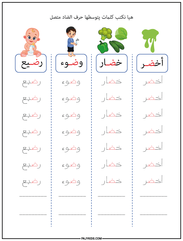 شكل حرف الضاد في وسط الكلمة