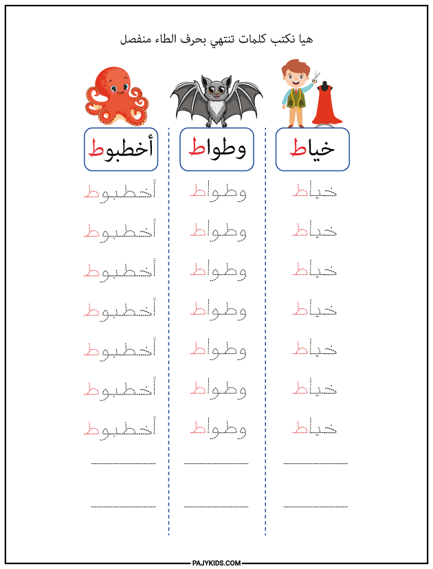 شكل حرف الطاء في آخر الكلمة منفصلًا