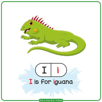 بطاقة تعليمية: تعرّف على حرف I وكلمة Iguana