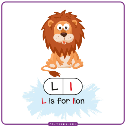 بطاقة تعليمية جذابة: حرف L وكلمة Lion
