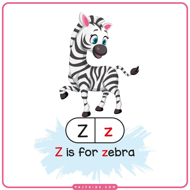بطاقة تعليمية: حرف Z وكلمة Zebra