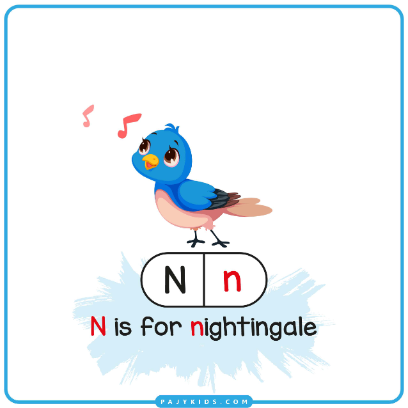 بطاقة تعليمية: حرف n وكلمة Nightingale