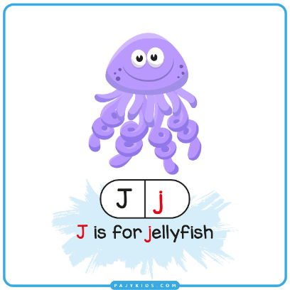 بطاقة تعليمية لتعريف الطفل بحرف J وكلمة Jellyfish