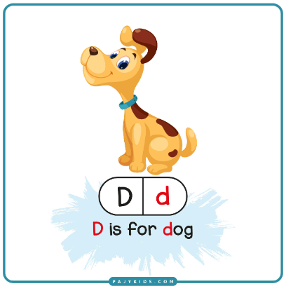 بطاقة تعليمية لحرف D مع كلمة Dog