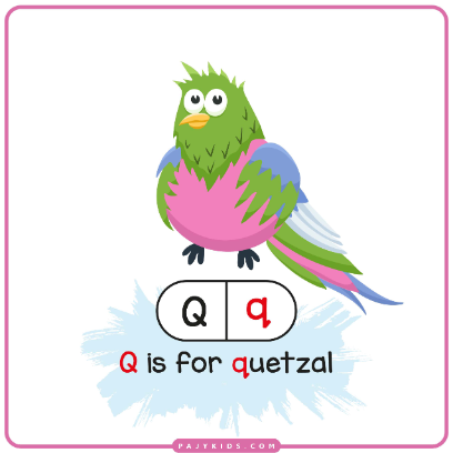 بطاقة تعليم حرف Q مع كلمة quetzal