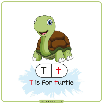 بطاقة تعليم حرف T مع كلمة Turtle