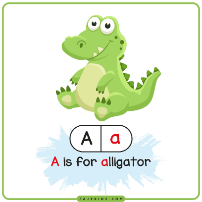بطاقة تفاعلية لتعلم حرف A مع كلمة Alligator