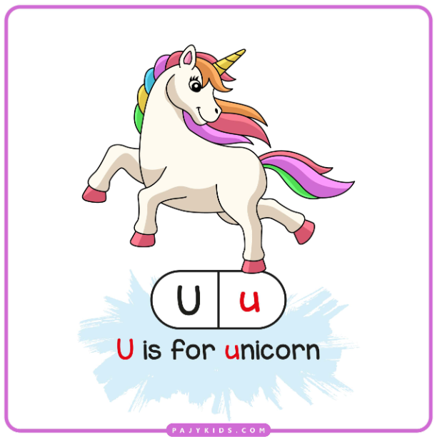 بطاقة حرف U وكلمة Unicorn