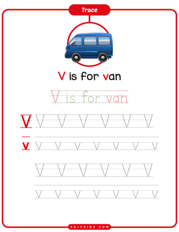 تدريب الكتابة لحرف V مع كلمة Van