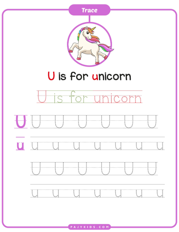 تدريب عملي على كتابة الحرف مع كلمة Unicorn