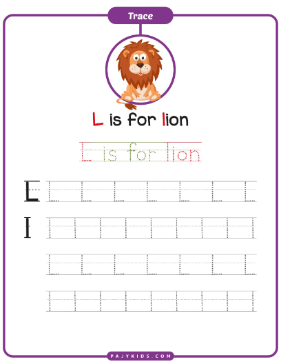 تدريب عملي على كتابة حرف L مع كلمة Lion