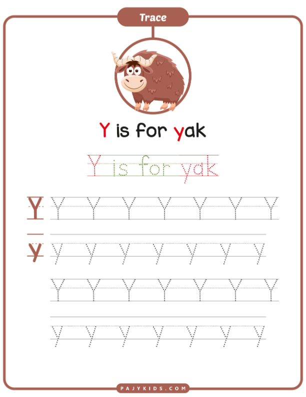 تدريب كتابة الحرف مع كلمة Yak