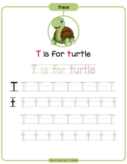 تدريب كتابة حرف T مع كلمة Turtle
