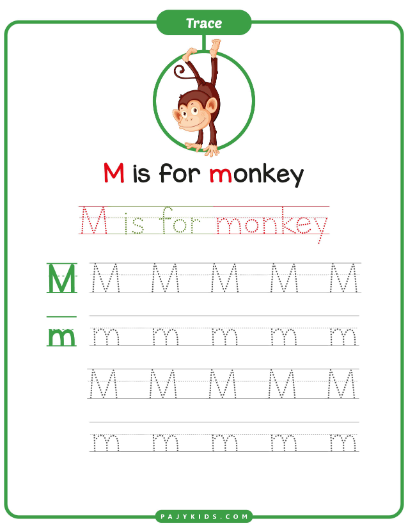 تدريب كتابة حرف m مع كلمة Monkey