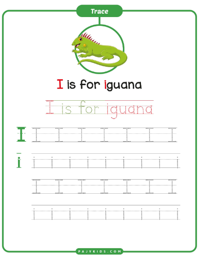 تدريب كتابي: كتابة حرف I مع كلمة Iguana