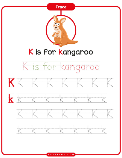 تمارين كتابة حرف K مع كلمة Kangaroo