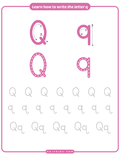 خطوات كتابة حرف Q كبير وصغير بالنقاط والسهام