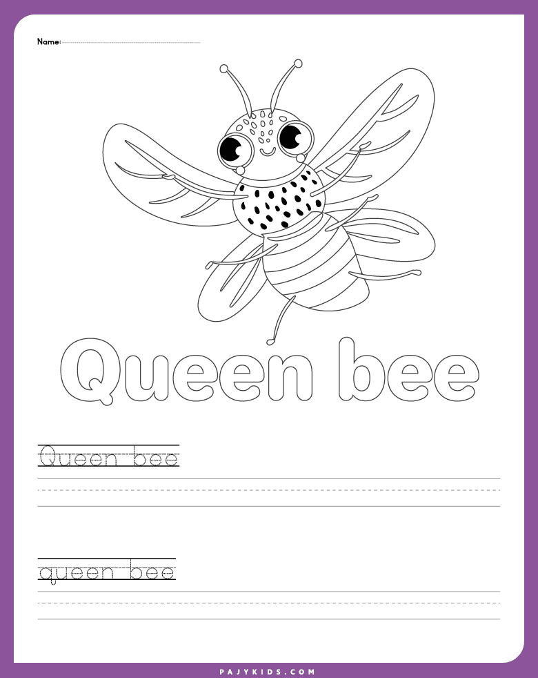 نشاط تلوين حرف q مع كتابة كلمة (Queen bee)