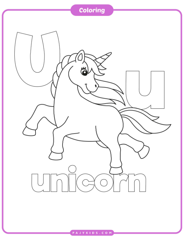 نشاط تلوين ممتع لحرف U وصورة Unicorn