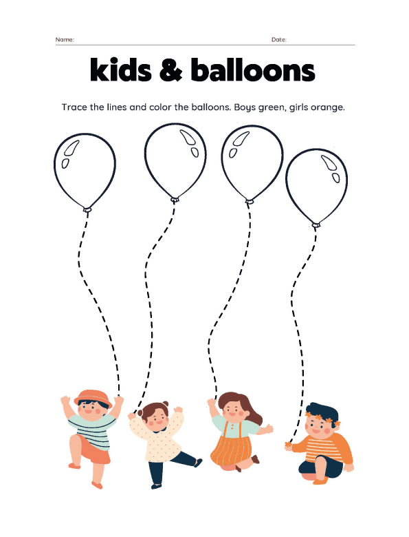 Tracing for Preschool: Kids & Balloons