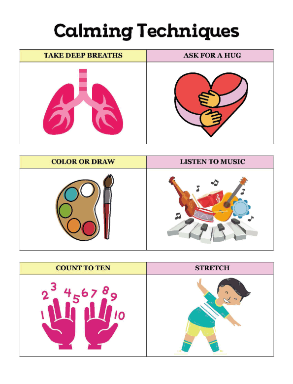 Calming Techniques Illustrated in Childrens Educational Posters