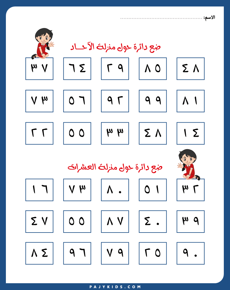 الآحاد والعشرات - تحديد منزلة الآحاد والعشرات