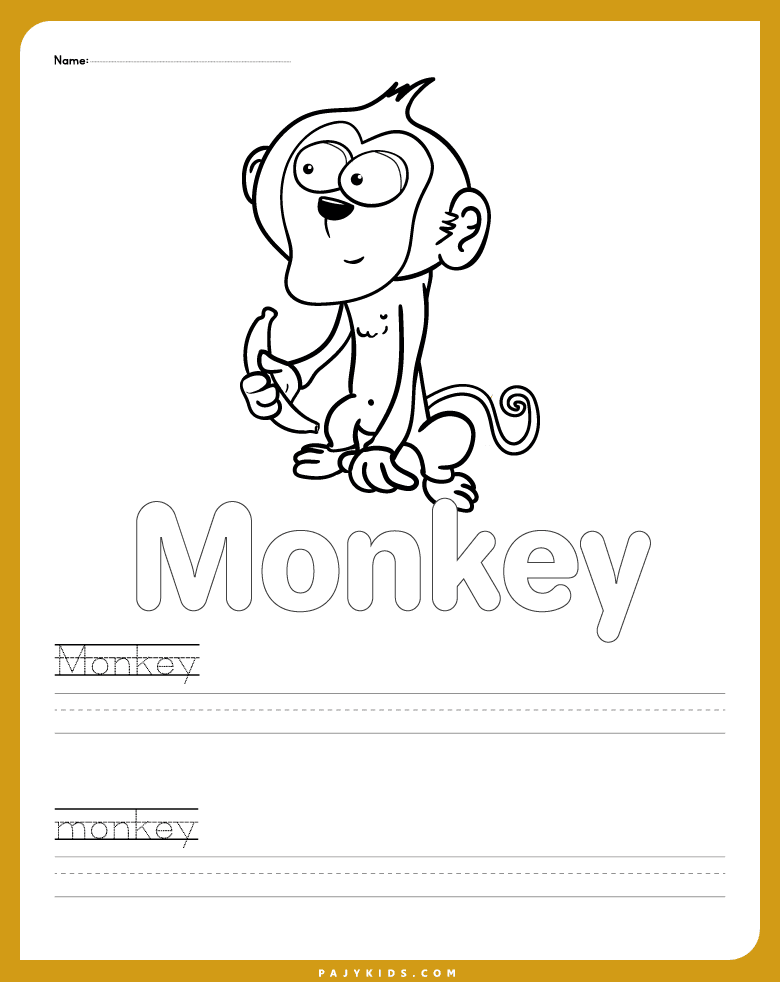 حرف m - نشاط التلوين مع كتابة كلمة Monkey