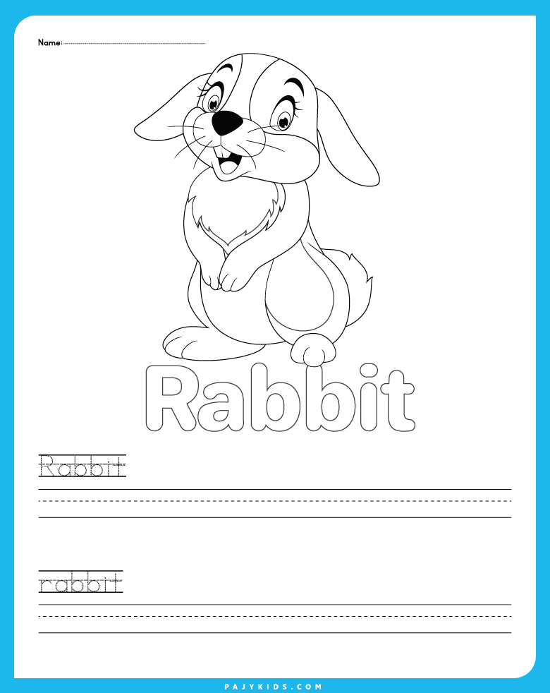 نشاط تلوين حرف r مع كتابة كلمة rabbit