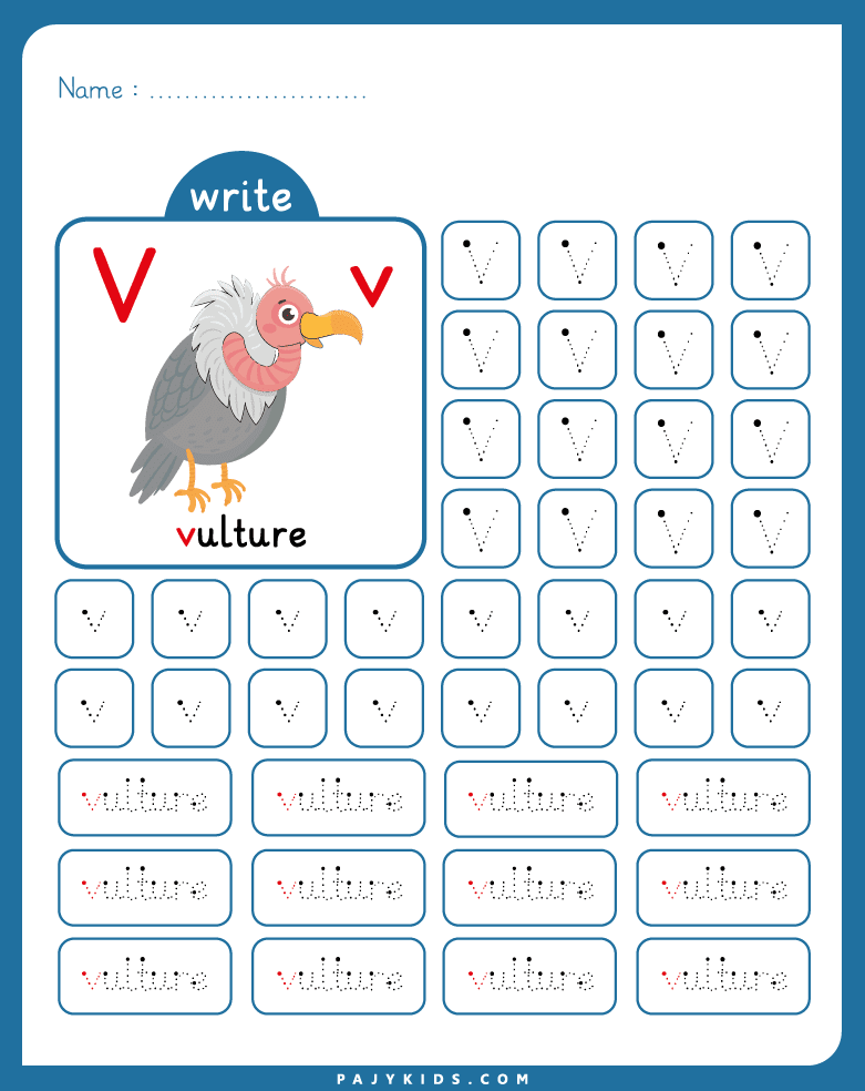 حرف v بالانجليزي – ورقة التتبع والتدريب المتقدم