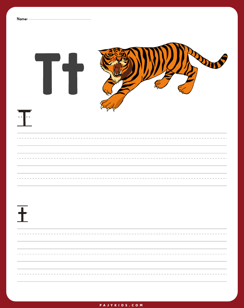 letter t worksheet - Tiger Coloring and Word Tracing Practice