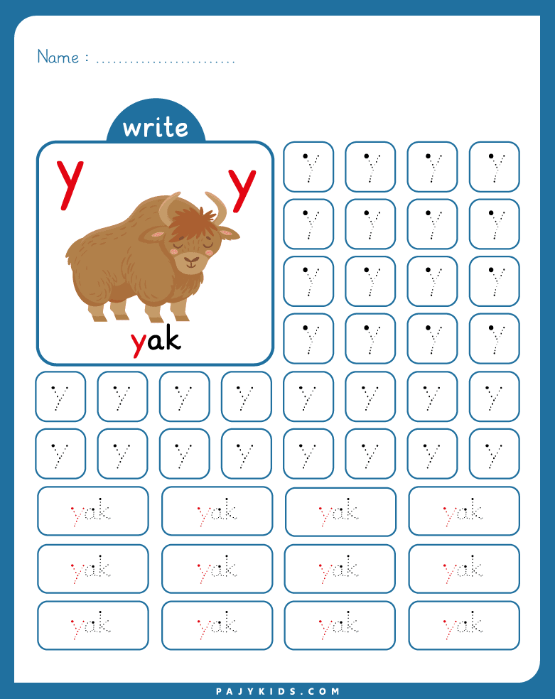 tracing letter y - Repeated Tracing Practice and Word Association for Letter Y