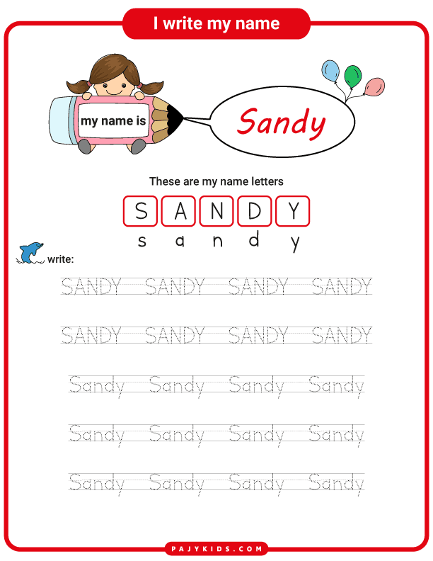 تعلم الكتابة باللغة العربية للاطفال - تعلم كتابة اسم ساندي