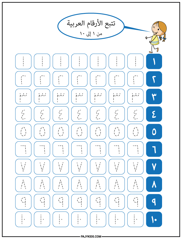 Tracing Arabic Numbers from 1 to 10