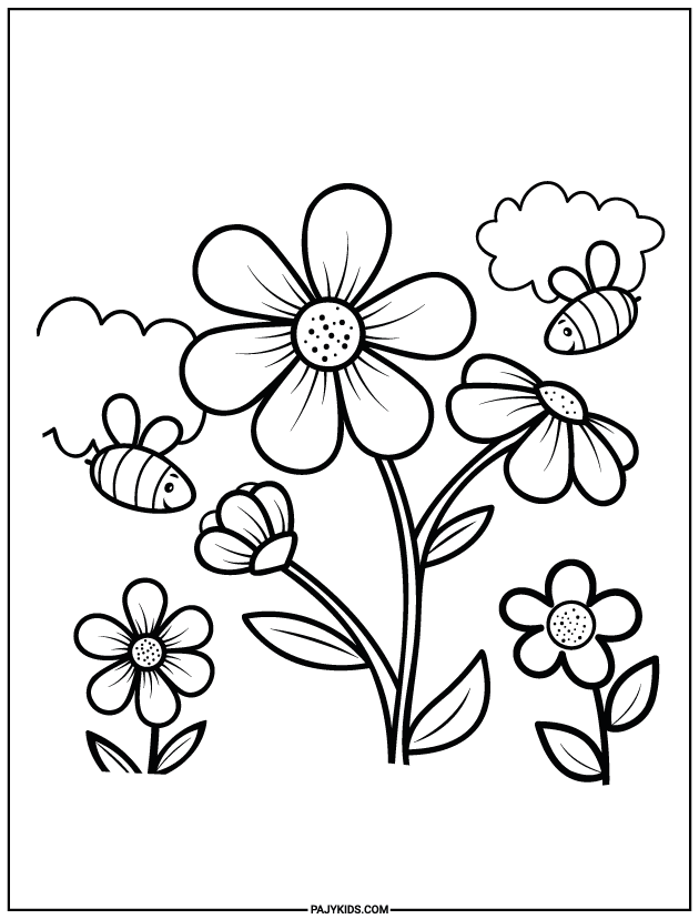 coloring for preschool - Flowers and Bees in a Natural Scene